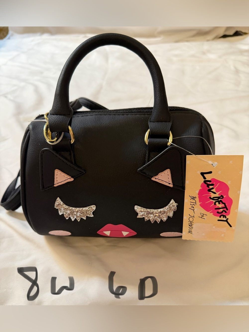 Betsey Johnson Black Mini Cat Face Satchel with Pink & Silver Accents